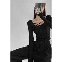 Slim Fit Slimming Sense Of Design Niche Cross Long Sleeves Round Neck Bottoming Shirt Top