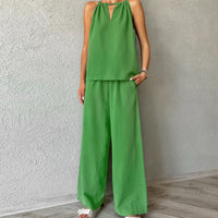 Khaki Cotton-Linen Hollowed-Out Lace-Up Sleeveless Halter Vest And Wide-Leg Pants Set