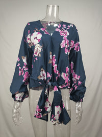 Fashion Shirt V-neck Long Sleeve Knotted Vintage Print Top For Women