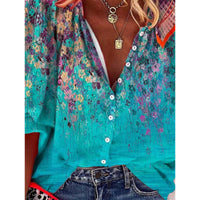 3D Floral-print Long-sleeve Top Fashionable V-neck Blouse For Women