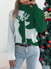 Color Block Deer Lantern Sleeve Turtleneck Pullover Sweater