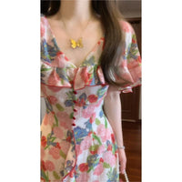 Ruffled Cape-collar Floral Dress With A Cinched Waist Exuding An Elegant Aura