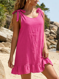 Womens Solid-Colored Ruffle-Trimmed Patchwork Lace-Up Dress