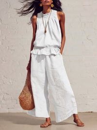 Retro Ruffled Cotton-Linen Two-Piece Set