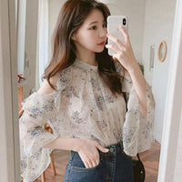 Niche Off-the-shoulder Floral Chiffon Shirt Women's Early Spring Temperament Shirt Bell Sleeve Summer Thin Top
