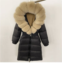 Women's Long Cinched Hoodie Real Fox Fur Collar Coat