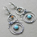 Large Round Hollow Blue Natural Stone Earrings Handmade Ornament Alloy Pendant