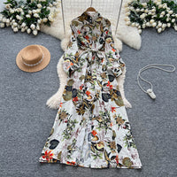French-style Retro Elegant Single-Breasted Lace-Up Waist Floral Print Dress For Women