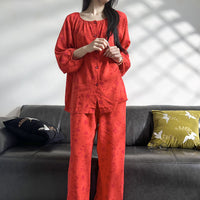 Womens Loose-Fit Long-Sleeve Long-Pants Printed Loungewear Set