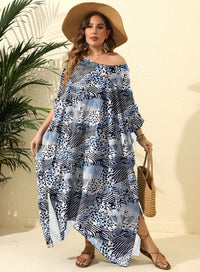 Irregular Print Loose Blouse Beach Vacation Split Floor-Length Dress