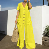 Women's Casual Loose V-Neck Button Jumpsuit