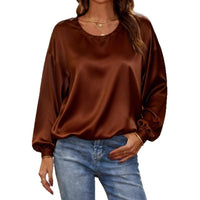 Womens Casual Round-neck Long-sleeve Loose Solid-color Multi-color Top