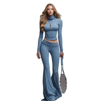 Womens Turtleneck Long-sleeve Flared Pants Two-piece Set