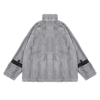Pocket Color Contrast Patchwork Pu Lamb Wool Stand Collar Coat