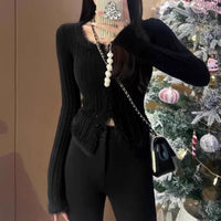 Women's Square Collar Stitching Edging Knitted Cardigan Autumn Winter Coat