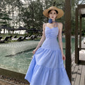Neck-hanging Strap Summer Blue Plaid Seaside Vacation Beach Maxi Dress