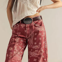 Womens Relaxed-fit Floral Cropped Wide-leg Mid-rise Jeans
