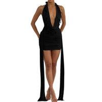 Fashionable Waterdrop-Decorated Ribbon Sexy Backless V-Neck Halter Bodycon Dress