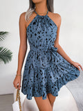 Women's Casual Leopard Print Ruffle Hem Flowy Halter Dress