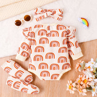 Children's Jumpsuit Suit Rainbow Printing Romper Headscarf Booties Three-piece Set