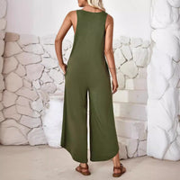 Women's Casual Sleeveless V-neck Pocket Wide Leg Jumpsuit