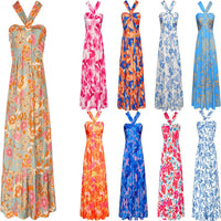 Cross-strap Halterneck Sleeveless Floral Maxi Dress