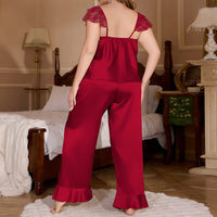 Plus Size Ic Silk Womens Summer Lace Sexy Short Sleeve Pants Loungewear Set