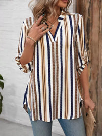 Womens Fashionable Striped Printed V-Neck Slim-Fit All-Match Long-Sleeve Shirt