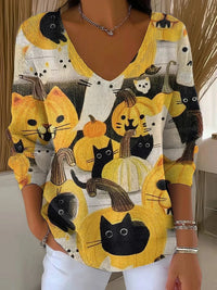 V-neck Long-sleeved Sweater Floral Loose Sweater