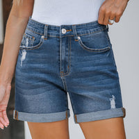 Straight Slim-fit Worn-out Curling Denim Shorts