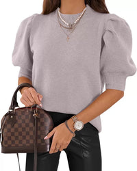 Half Turtleneck Lantern Sleeve Sweater Short Sleeve Pleated Sweater