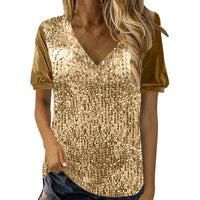 V-neck Loose Sequin Short-sleeve Top T-shirt