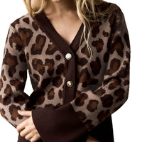 Women's Leopard-Print Colorblock Knitted Cardigan Sweater Top