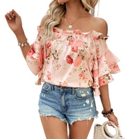 Womens Pullover Off Shoulder Printed Top Shirt