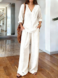 Womens Washed Cotton Multi-Color V-Neck Pullover Long-Sleeve Top And Pants Set