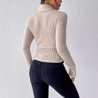 Autumn And Winter V-neck Long Sleeve Brushed Sunken Stripe Knitted Top