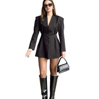 Solid-color Long-sleeve V-neck Multi-button Dress