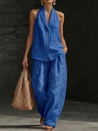 Wide-leg Pants Suit Womens Cotton-linen Fashionable Two-piece Set