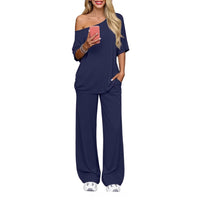 Off-shoulder Loose Casual Short-sleeve Top And Wide-leg Pants Two-piece Set