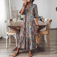 Womens Printed Casual Short-Sleeve V-Neck Tasseled Stand-Up Collar Long Dress