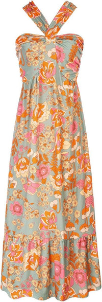 Cross-strap Halterneck Sleeveless Floral Maxi Dress