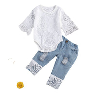 New Lace Half Sleeve Romper Ripped Denim Trousers Two-piece Set