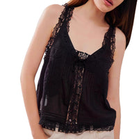 Solid-color Sweet Slim-fit Buttoned Lace-trimmed Patchwork Mini Vest Top