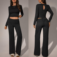 Womens Solid-Color Casual Fashion Top And Pants Set