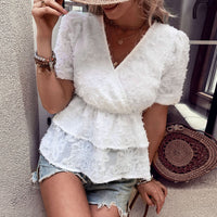 Fresh And Sweet Style Waist-Cinched V-Neck Short-Sleeve White Jacquard Shirt For Women