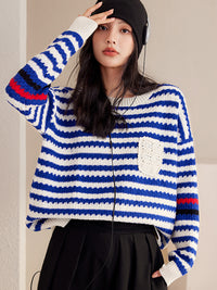 Autumn And Winter Blue Women's Striped Pullover Fashionable Sweater