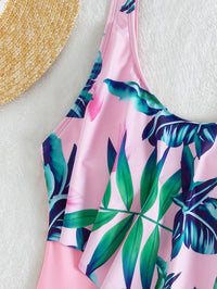One Piece Tropical Plant Print Colorblock Boxer Conservative Swimsuit