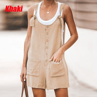 New Solid Color Round Neck Button Loose Short Jumpsuit