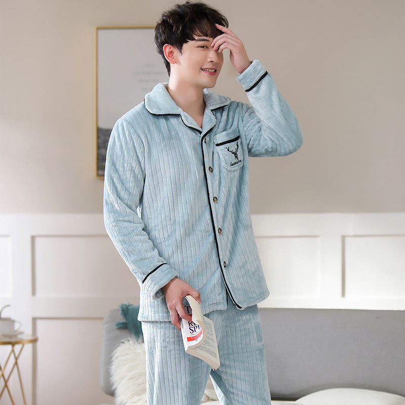 Autumn And Winter Flannel Men's Pajamas Men's Lapel Cardigan