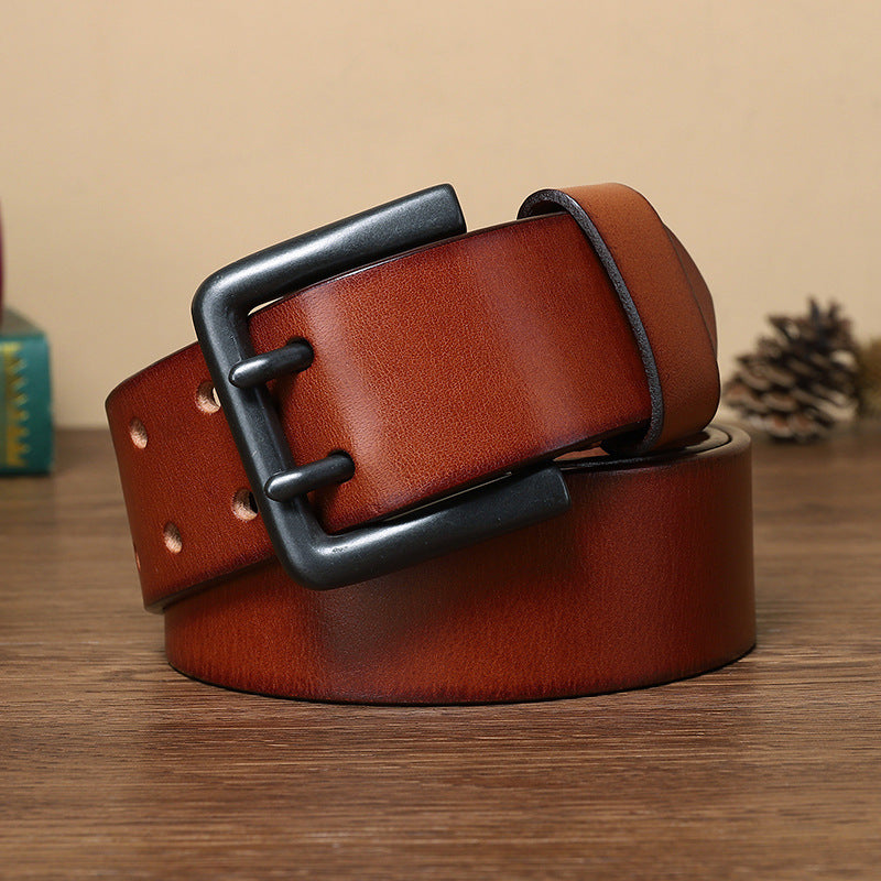 Double Pin Buckle Belt Men's Genuine Cattlehide Leather Surface All-match Casual Special Forces Belt